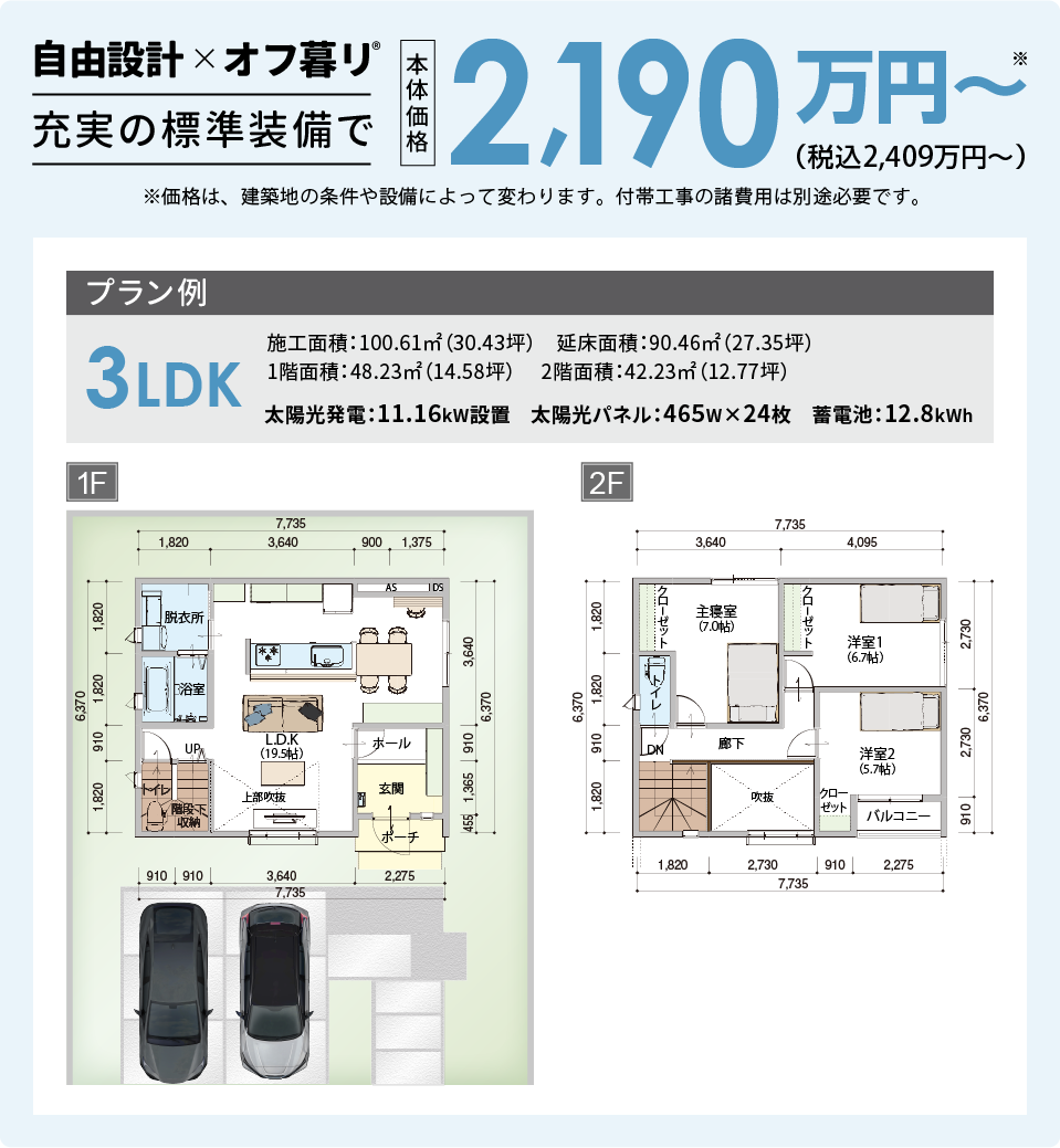 自由設計＆オフ暮り TM太陽光システム11.16kw・蓄電池12.8kwh・AIクラウドHEMS充実の標準装備で 本体価格2,190万円～※（税込2,409万円～）※価格は、建築地の条件や設備によって変わります。付帯工事の諸費用は別途必要です。プラン例 3LDK 施工面積/100.61㎡（30.43坪） 延床面積/90.46㎡（27.35坪）1階面積/48.23㎡（14.58坪） 2階面積/42.23㎡（12.77坪）太陽光発電/11.16kW設置 太陽光パネル/465W 24枚 蓄電池/12.8kWh